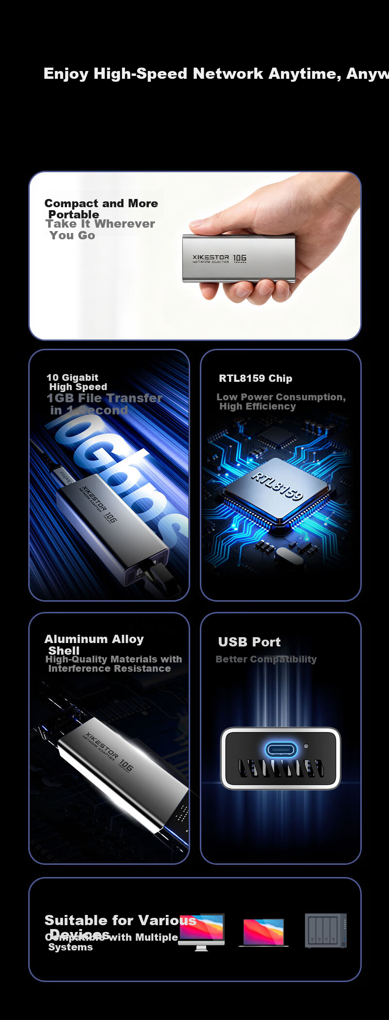 Xike USB to 10G Ethernet Wired Network Adapter Type-C Compatible with USB4 Thunderbolt 3/4/5 USB3.2 to 10G RJ45 Network Card for Laptop and Mobile SKN-U310GT 2