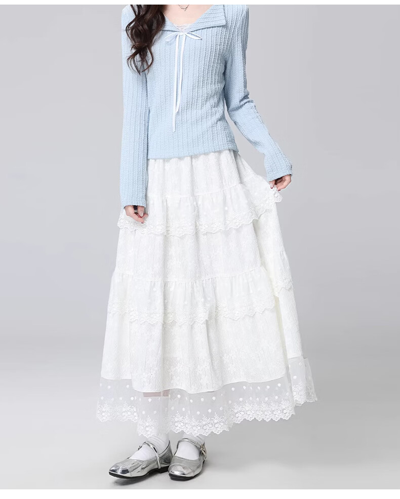 Langsha White Lace Cake Layered High-Waist A-Line Midi Skirt for Women Spring Summer Slim Fit Flowing Fairy Skirt 23