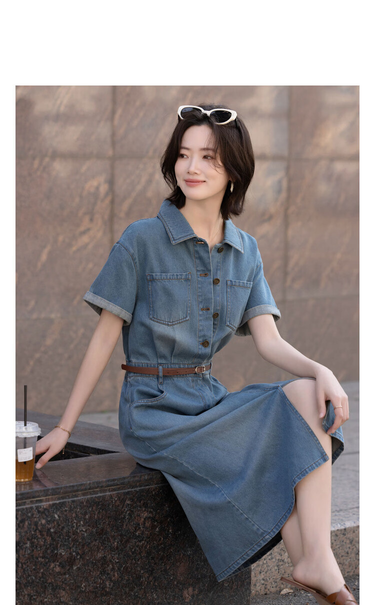 Demana Denim Cloud Oxygen Cotton Summer Simple Style Back Waist Elastic Pocket Folded Sleeve Slim Dress for Women Premium Feel 3