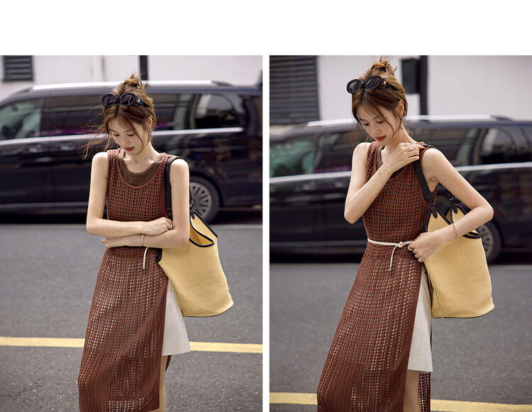 MT Breathable Knit Spring French Vacation Style Hollow Out Sleeveless Side-Slit Mid-Length Women's Dress 16