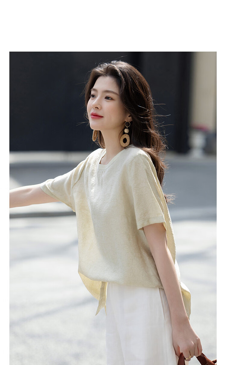 Demana Minimalist Light Summer Simple Knit Textured Round Neck Lightweight Loose Short Sleeve Shirt for Women 11