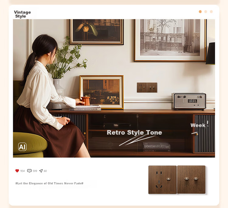 BULL Vintage Switch Socket Acrylic Ultra-thin Panel Five-hole 10A+16A G70Z227 Walnut Color 7