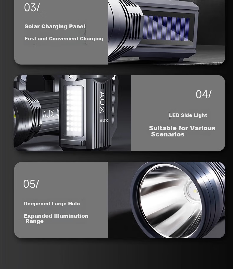AUX High-Power Rechargeable LED Flashlight Outdoor Long-Range Portable Spotlight Solar Home Use 22