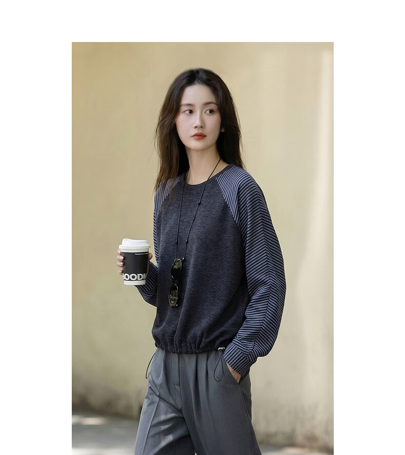 Demana [Free Relax] Autumn Simple Style Crew Neck Patchwork Striped Elastic Loose Slim Sweatshirt for Women Premium Feel 10