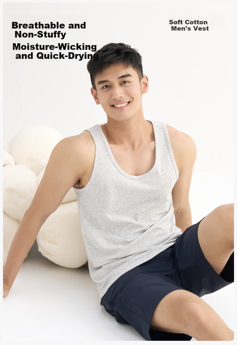 Songshan Cotton Shop Men's Vest Simple Solid Color Home Wear Sports Undershirt Base Sleepwear Cool Breathable Black 170 2