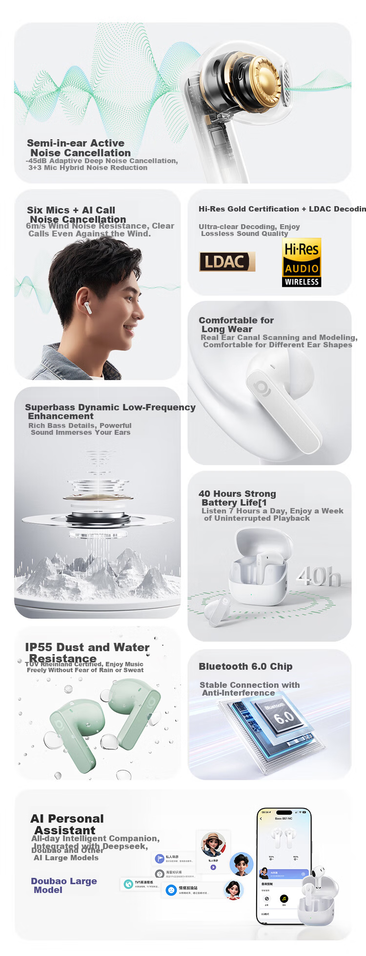 BASEUS BS1NC Semi-In-Ear Active Noise Cancelling AI Bluetooth Earphones Wireless 40H Long Battery Life Comfortable Earbuds for Apple Huawei Vivo Phones Gift 2