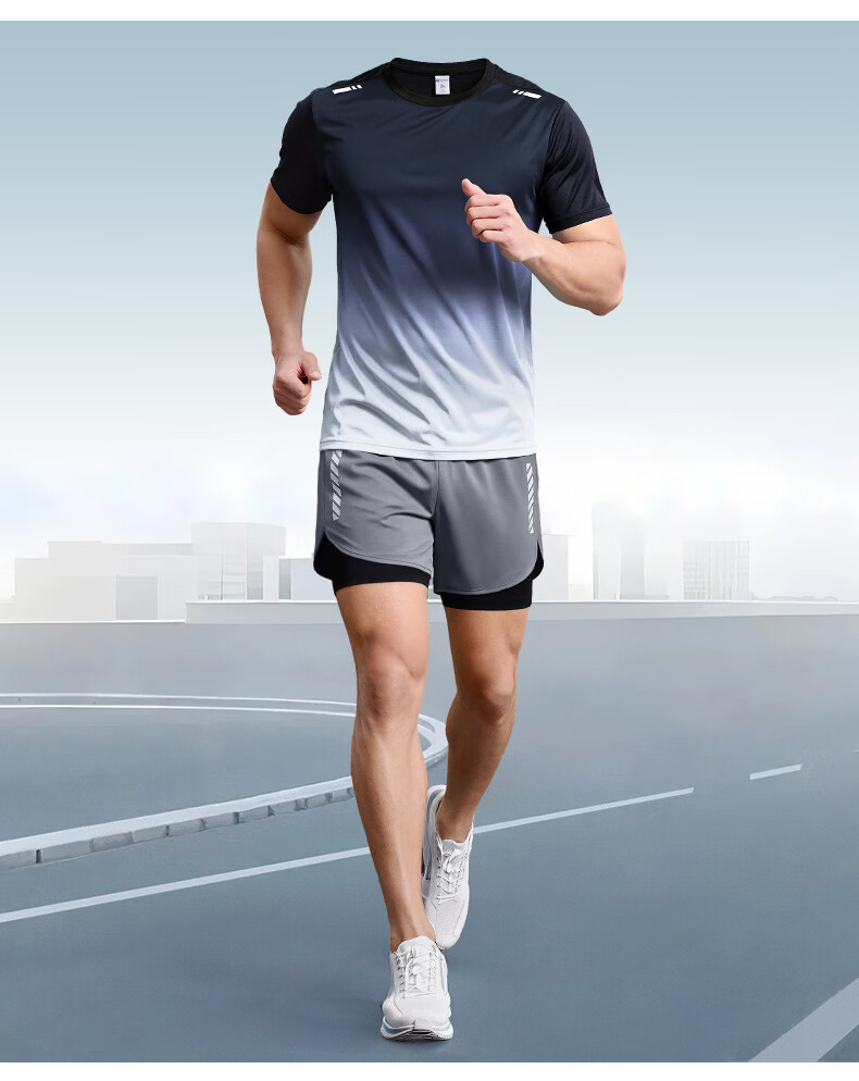 BURUITE Men's Running Sports Set Fitness Ice Silk Marathon Training Badminton Quick-Dry Summer Short Sleeve T-Shirt and Shorts 12
