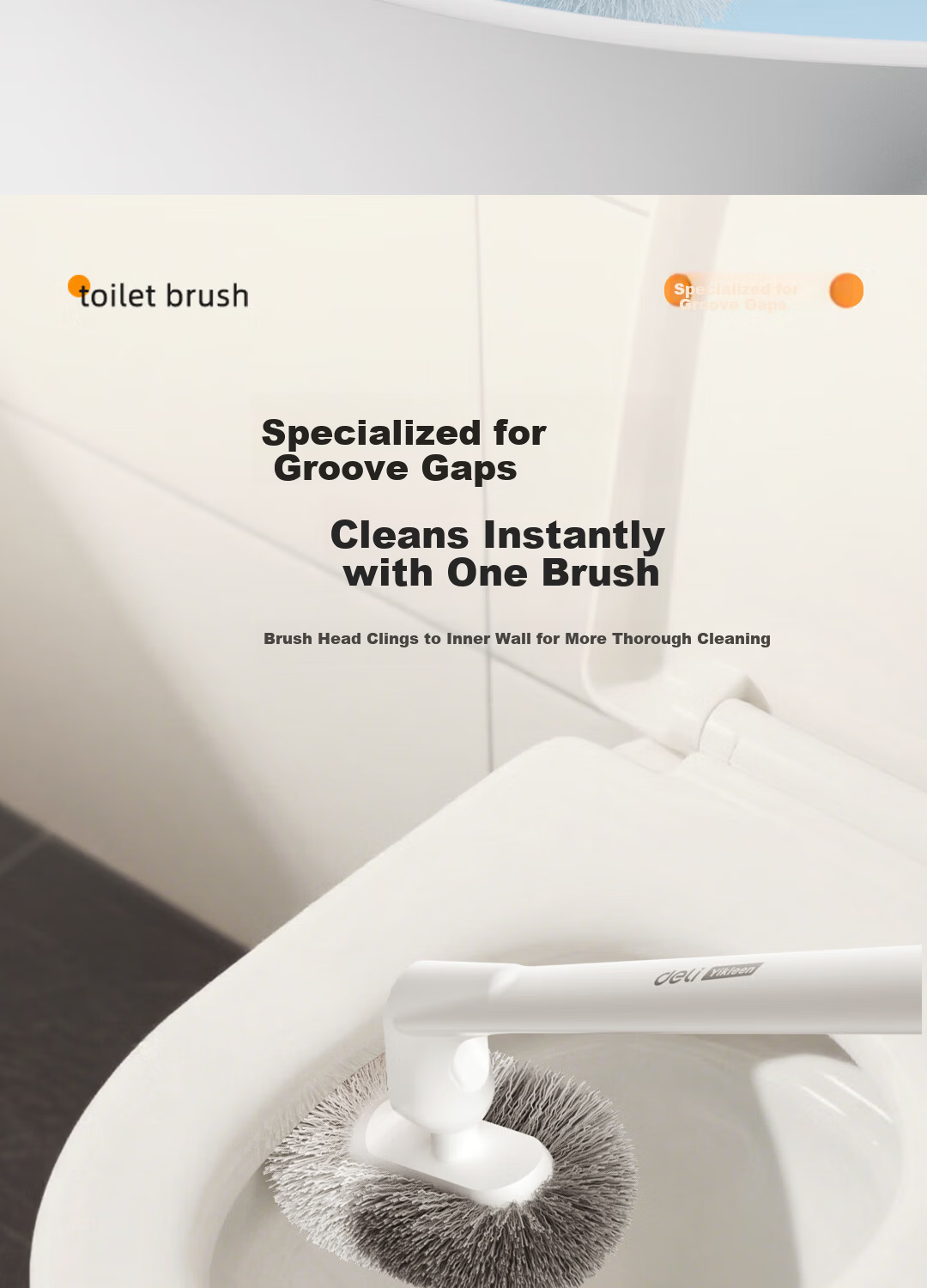 Deli S-Shaped Elbow Toilet Brush Wall-Mounted No-Drill Groove Cleaning Toilet Scrubber 6