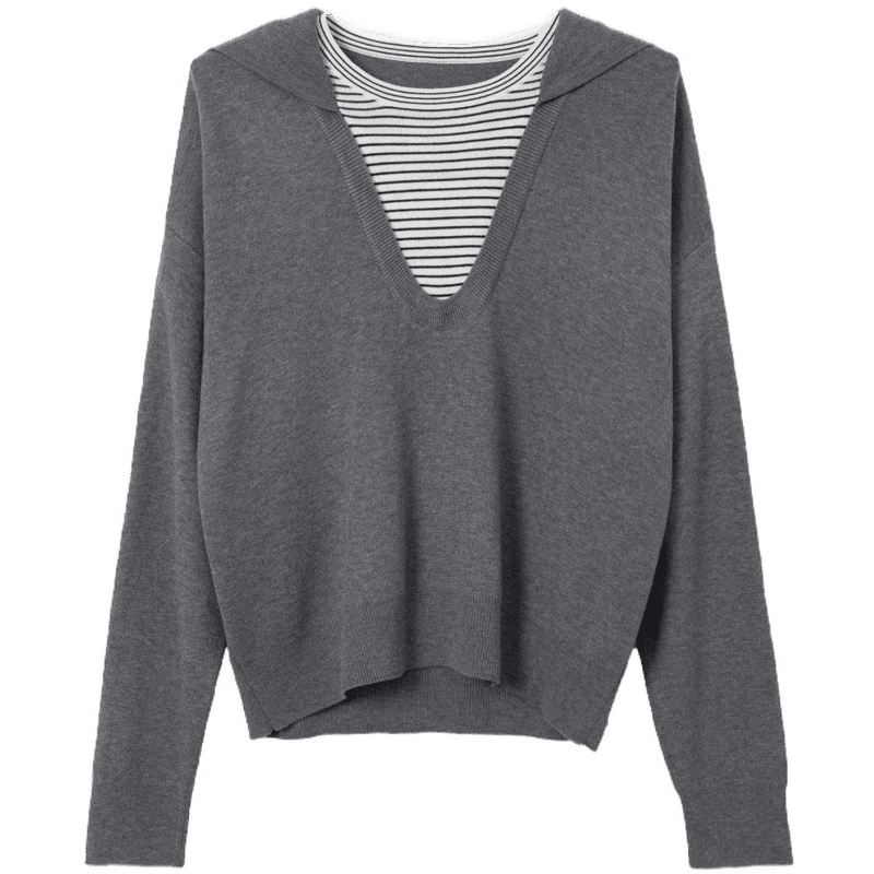 Demana Spring Faux Two-Piece Colorblock Striped Hooded Knit Sweater with Fluffy Wool for Women