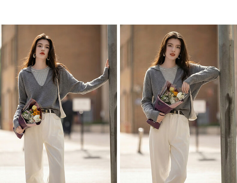 Demana Spring Faux Two-Piece Colorblock Striped Hooded Knit Sweater with Fluffy Wool for Women 10