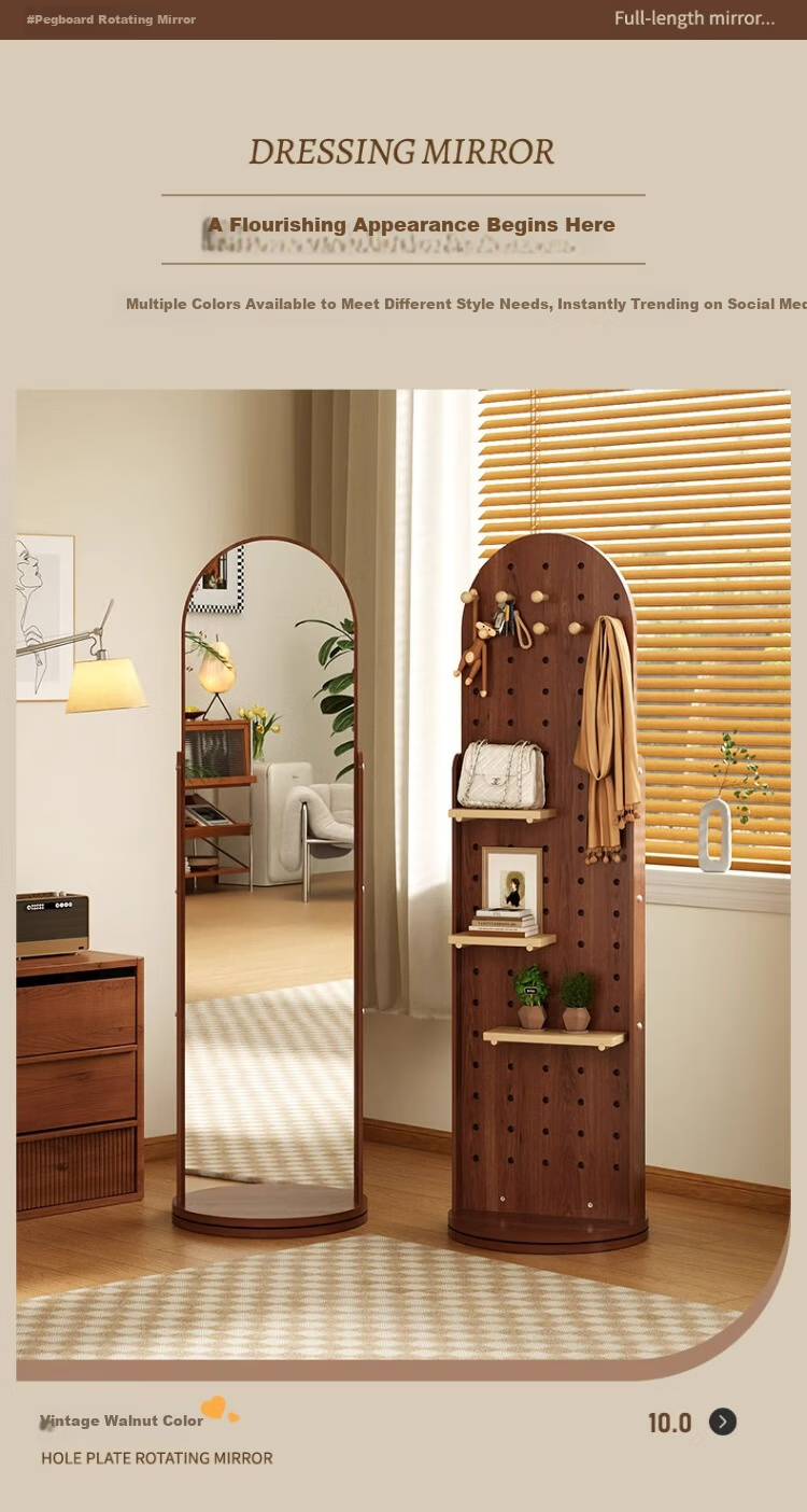 Millennium Mansion Pegboard Rotating Full-Length Dressing Mirror with Integrated Clothes Hanger and Storage Rack Floor-Standing Fitting Mirror 170*40 White 8