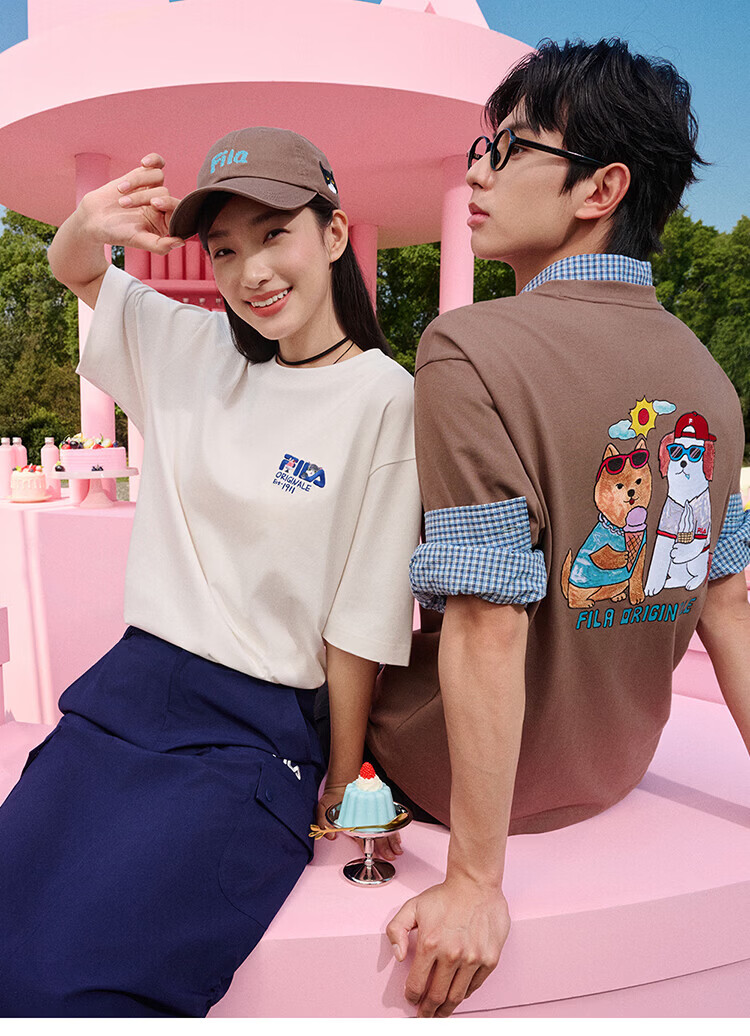 FILA Official Couple's Knitted Short Sleeve Shirt 2026 Summer Fashion Casual Unisex Loose Cat Embroidery T-Shirt 22