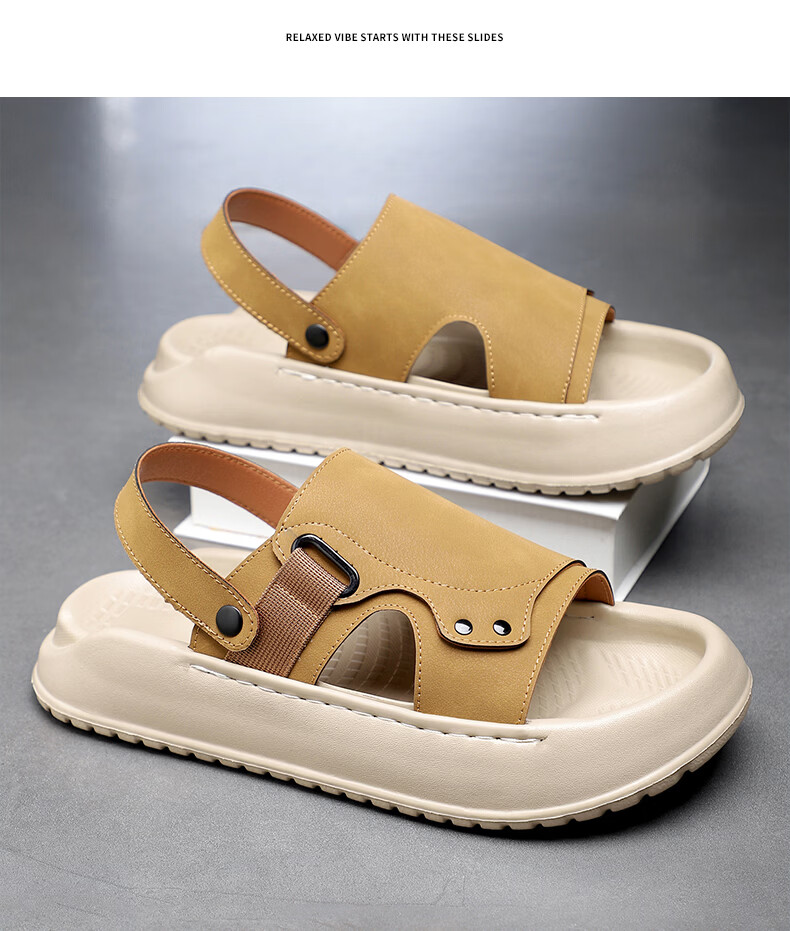 MEXICAN Spring Summer New Men's Leather Sandals Beach Shoes Dual-Wear Breathable Green 40 23