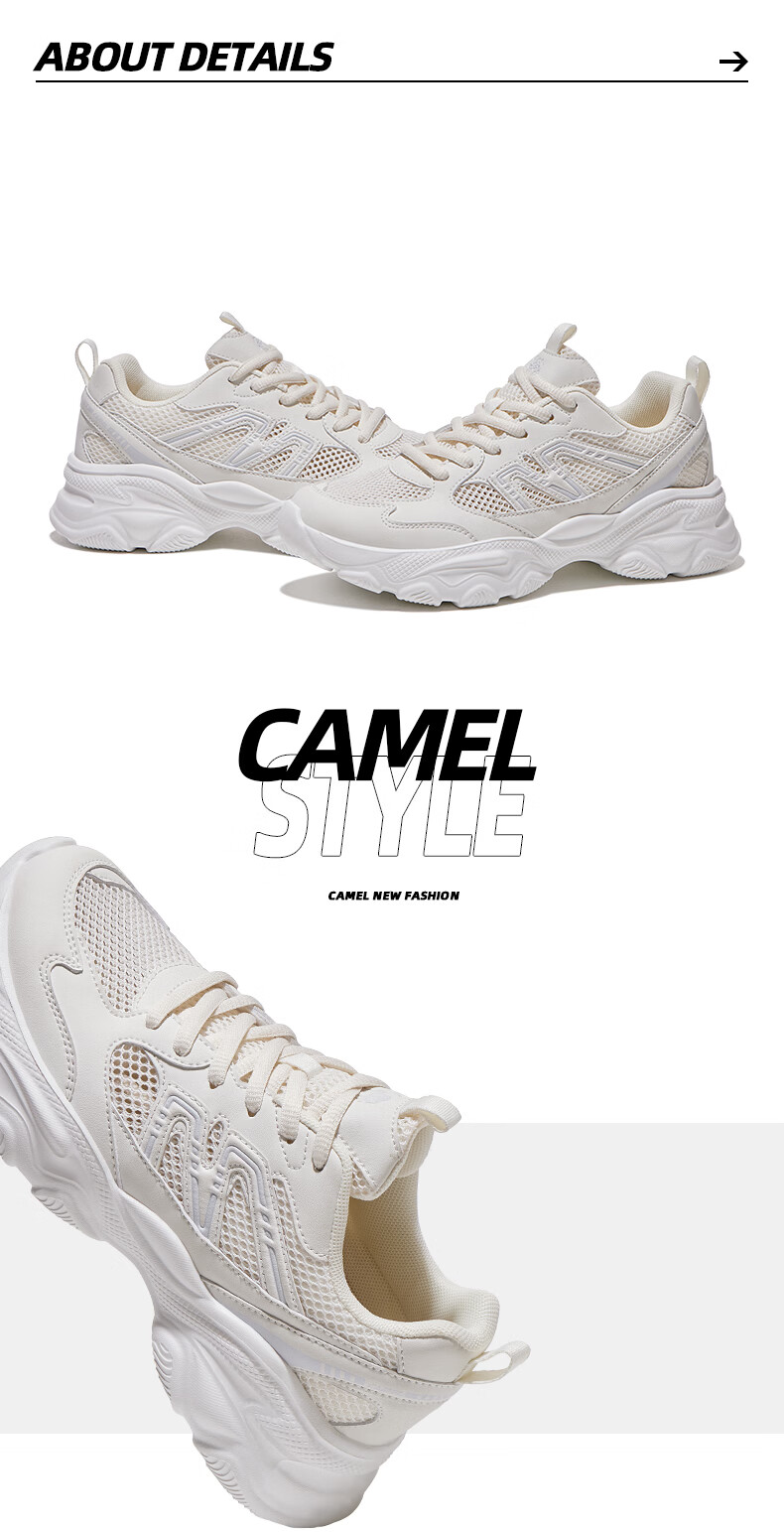 CAMEL Yam Breathable Dad Shoes for Women Thick Sole Height Increasing Sports Casual Shoes K26B60L8019 Beige Size 38 19