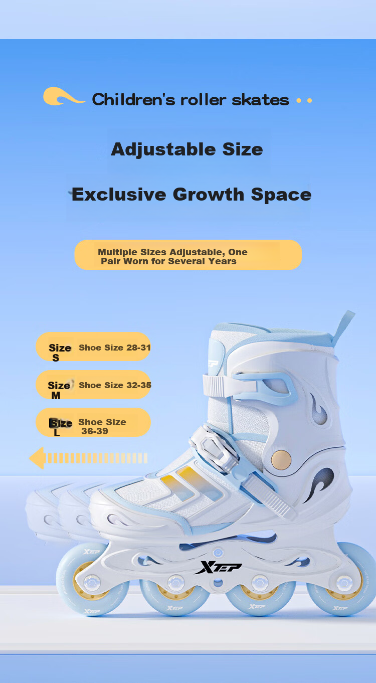 Xtep Kids Roller Skates Boys Girls Beginner Set Integrated Frame Inline Skating Shoes for Primary and Secondary School Courses 7