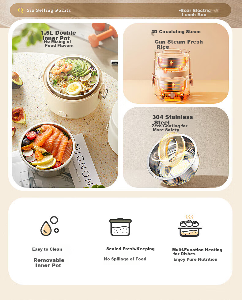Bear Electric Lunch Box Portable Heated Lunch Box Insulated Double-Layer Stainless Steel Inner Container Sealed Fresh-Keeping Multifunctional 2L for Office Workers 6