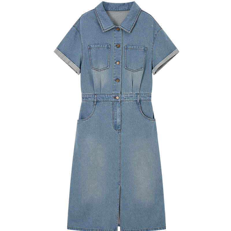 Demana Denim Cloud Oxygen Cotton Summer Simple Style Back Waist Elastic Pocket Folded Sleeve Slim Dress for Women Premium Feel