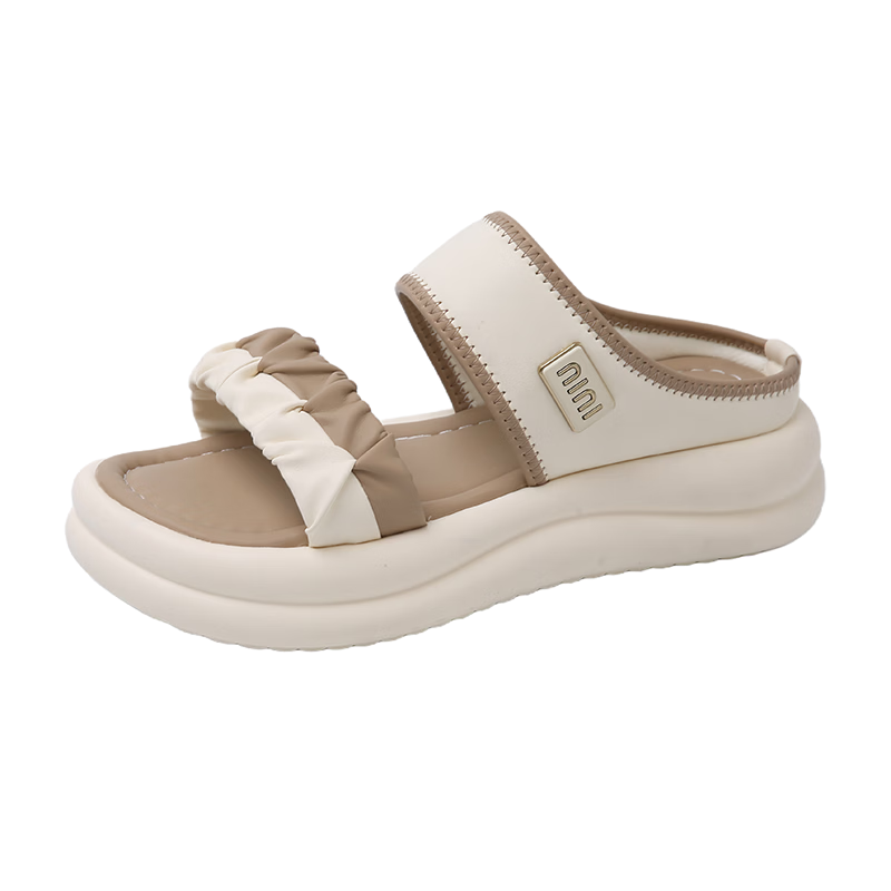 CARTELO Women's Casual Shoes Summer New Fashion Pleated Thick Sole Soft Sole Beach Sandals for Women 1810 Beige Size 36