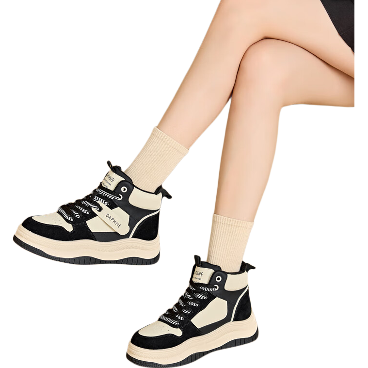 DAPHNE Women's Thick-Soled High-Top Winter Cotton Shoes with Fleece, Black Snow Boots, Non-Slip Sneakers, Size 39