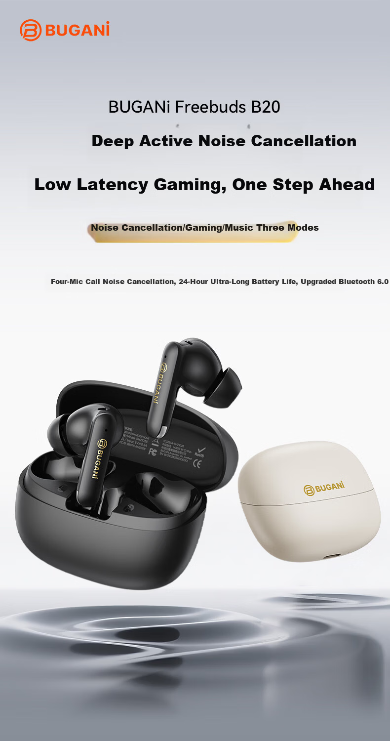 BUGANI Freebuds B20 Wireless Bluetooth In-Ear Earphones Gaming Music Sports Headphones Active Noise Cancelling Bluetooth 6.0 Long Battery Life Black 1