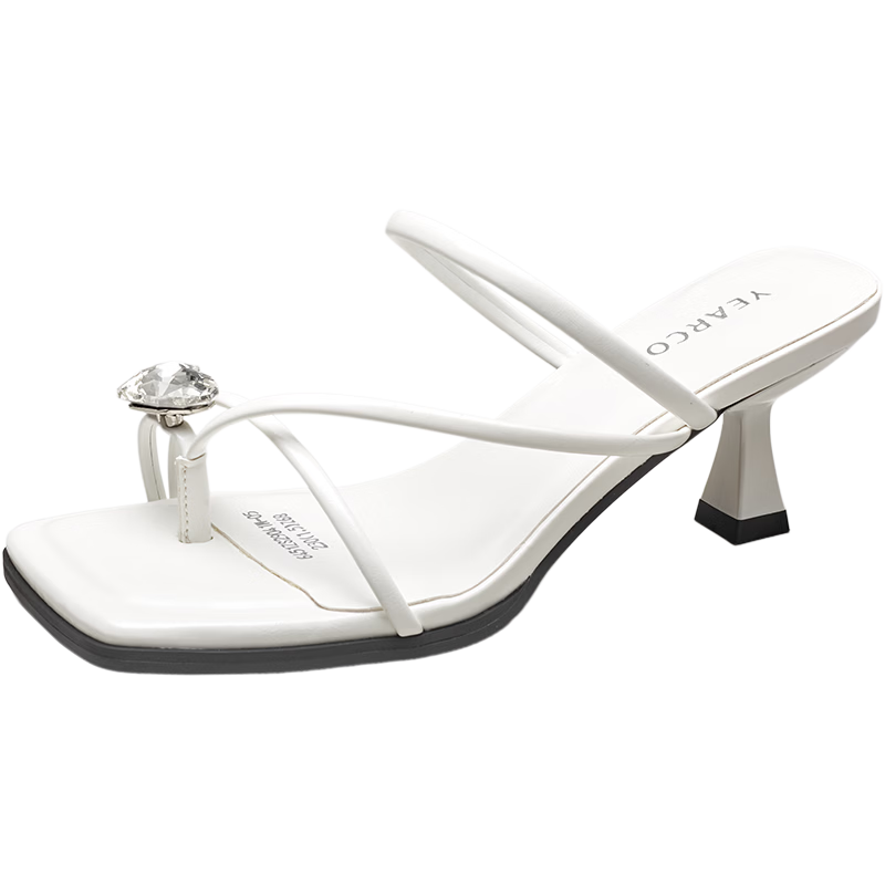 Eierkang Women's Sandals Fairy Style Rhinestone Toe-Clip Stiletto Slippers 29041W Off-White Size 36