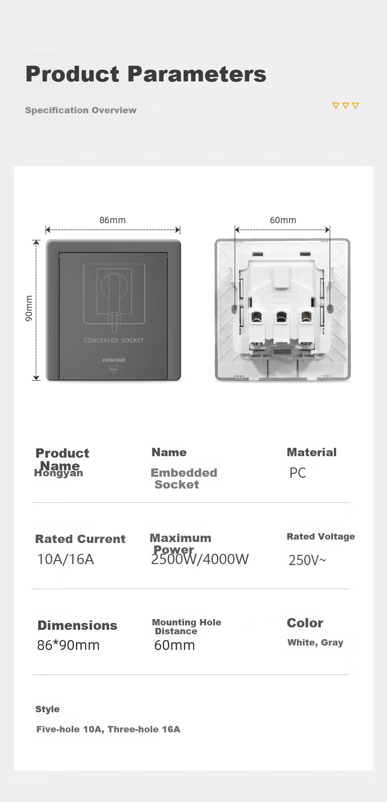 Hongyan Embedded Socket Refrigerator Hidden Recessed Wall Built-in Invisible 86 Type Three-hole 16A Porcelain White 13