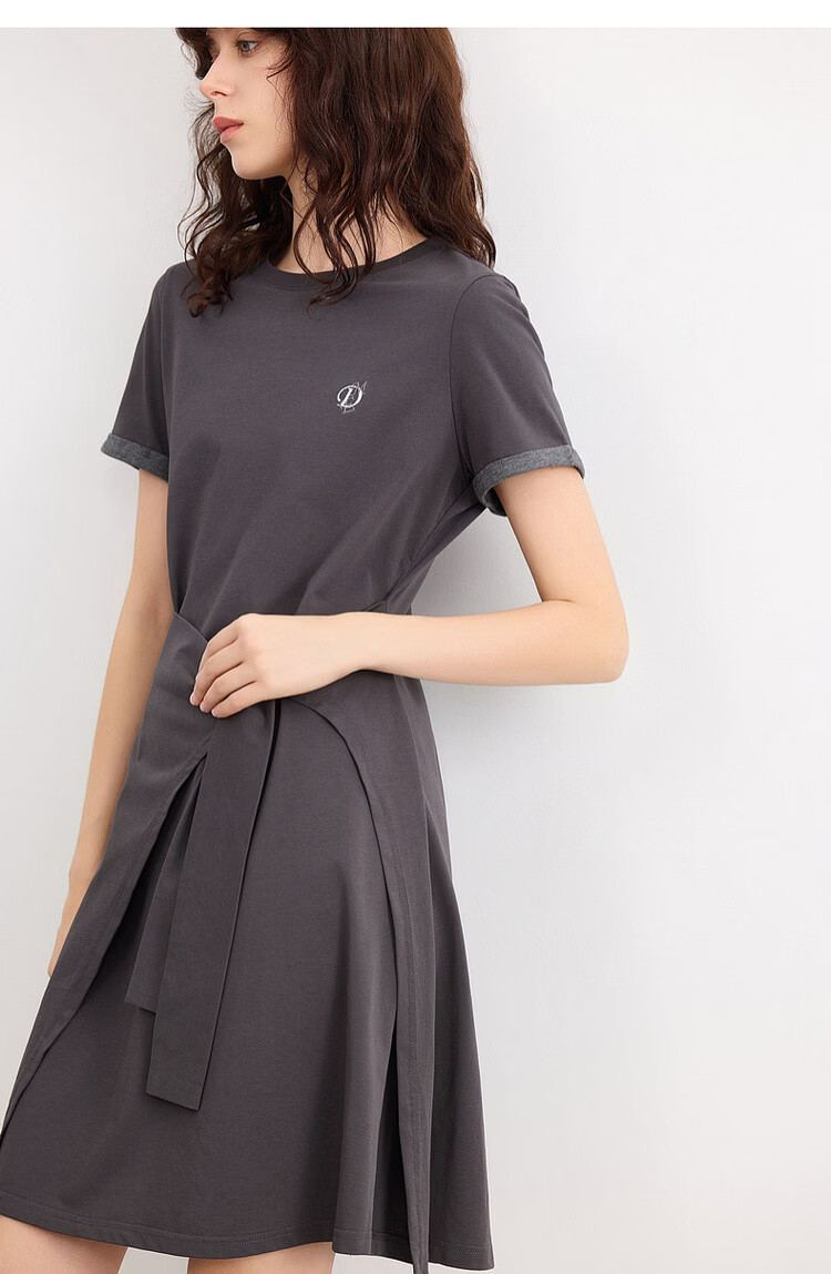 Demana [Cool Sorona] Summer Korean Style Round Neck Embroidered Patchwork Colorblock Short Sleeve Waist Cinched Short Dress for Women 17