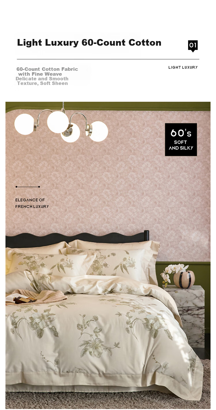 Dohia Home Textiles Pure Cotton 4-Piece Bedding Set 60-Count Cotton Sateen French Style Sheet and Duvet Cover Set 220x240cm with Piped Edges 3