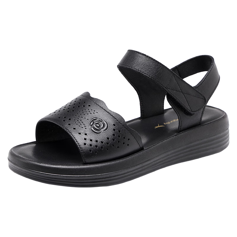 Red Dragonfly Women's Leather Sandals with Velcro, Middle-aged and Elderly Commuter Soft Sole Mom Slippers WTK264971 Black Size 38