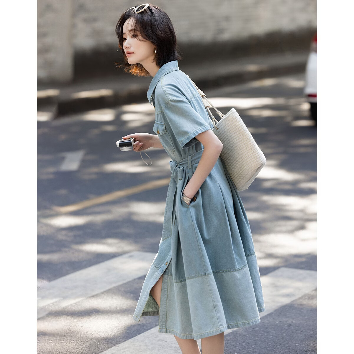 Demana [Cloud Cotton] Summer Urban Commuter Lapel Waist-Pocket Spliced Slim Denim Dress for Women Premium Feel