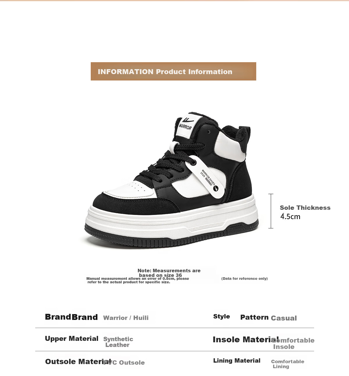 Warrior Women's Winter Fleece-Lined High-Top Sneakers Thick Sole Height Increasing Fashion Sports Casual Shoes White Black Size 39 8