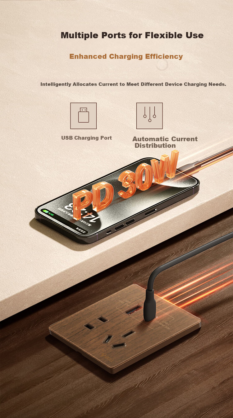 BULL Vintage Switch Socket Acrylic Ultra-thin Panel Five-hole 10A+16A G70Z227 Walnut Color 18