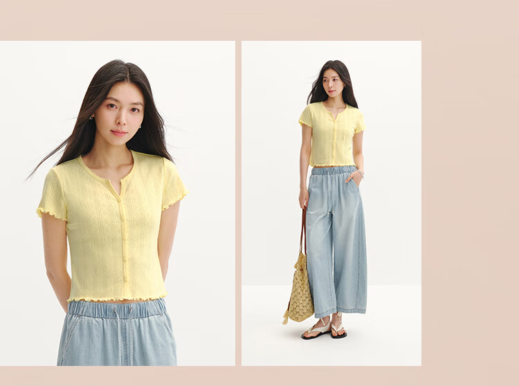 Semir Women's Summer Short Sleeve T-Shirt Short Hollow Textured Slim Fit Cotton Ruffled Edge 2026 Cardigan 109326100008 11