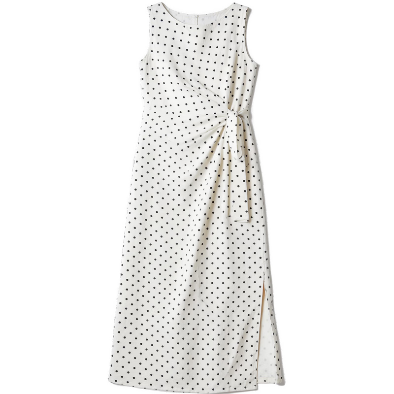Demana [South of France Holiday] Summer French Elegant Polka Dot Round Neck Sleeveless Side Slit Waist Cinched Dress for Women Premium Quality