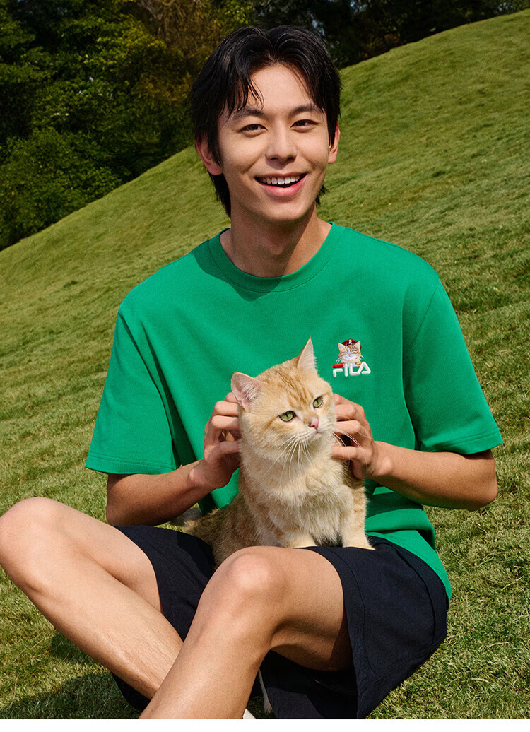 FILA Official 2026 Summer Couple Short Sleeve T-Shirt Casual Loose Fit Cotton Cat Knit Tee 46