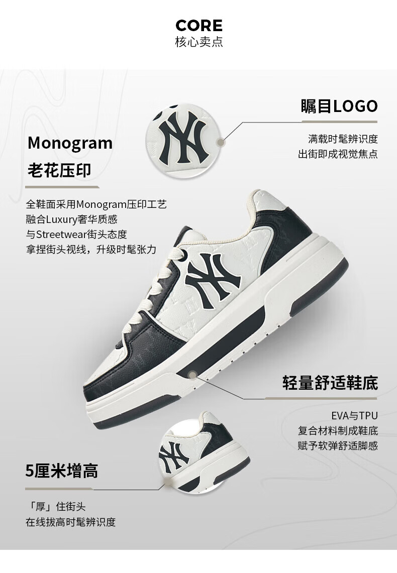 MLB Unisex Engraved Monogram Platform Height Increasing Senior Style Sneakers 3ASXM075N-50NYS-260 1