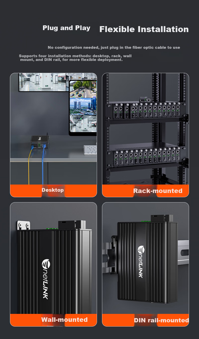 NetLINK Wall-Mounted Fiber Optic Transceiver Gigabit Single-Mode Single-Fiber 5km DC5V/12V Optical Converter Supports 14-Slot Rack Mount 1 Pair HTB-TG115AB 7
