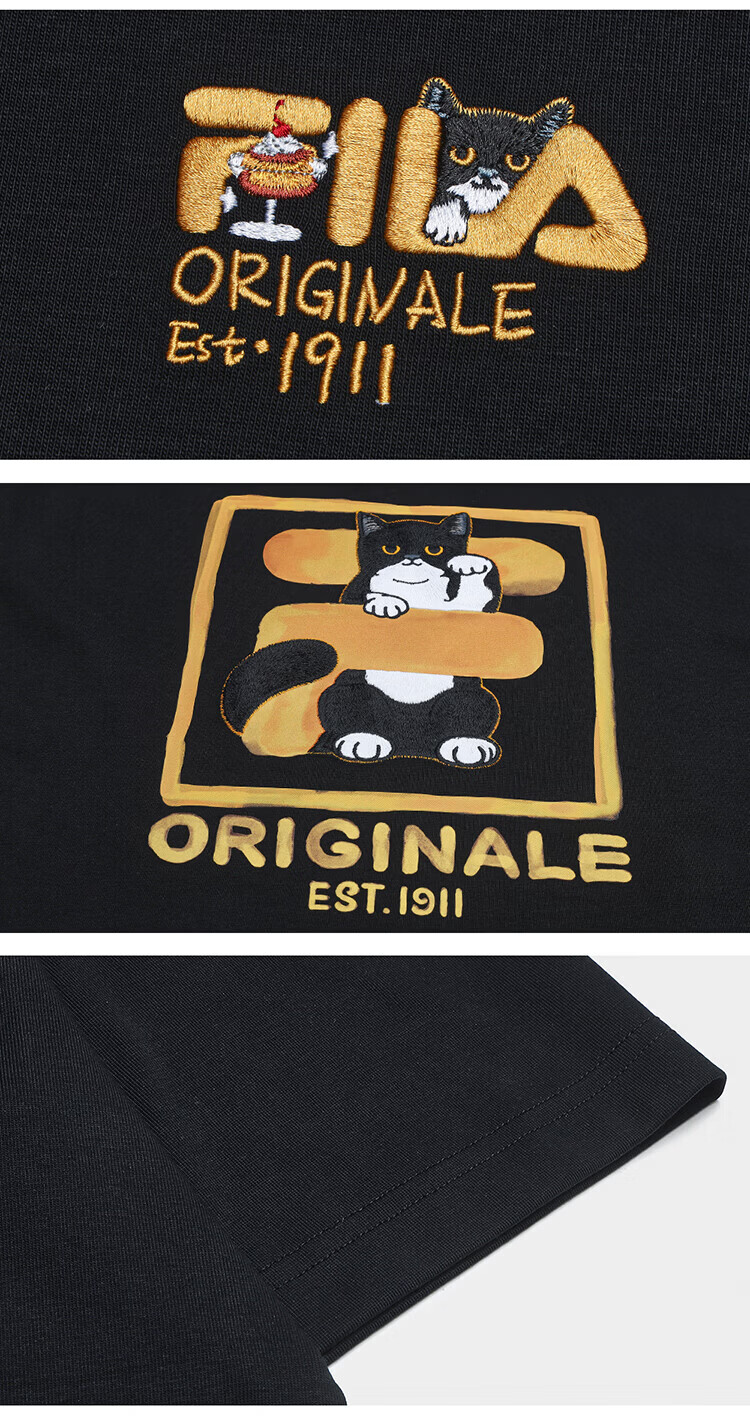 FILA Official Couple's Knitted Short Sleeve Shirt 2026 Summer Fashion Casual Unisex Loose Cat Embroidery T-Shirt 76