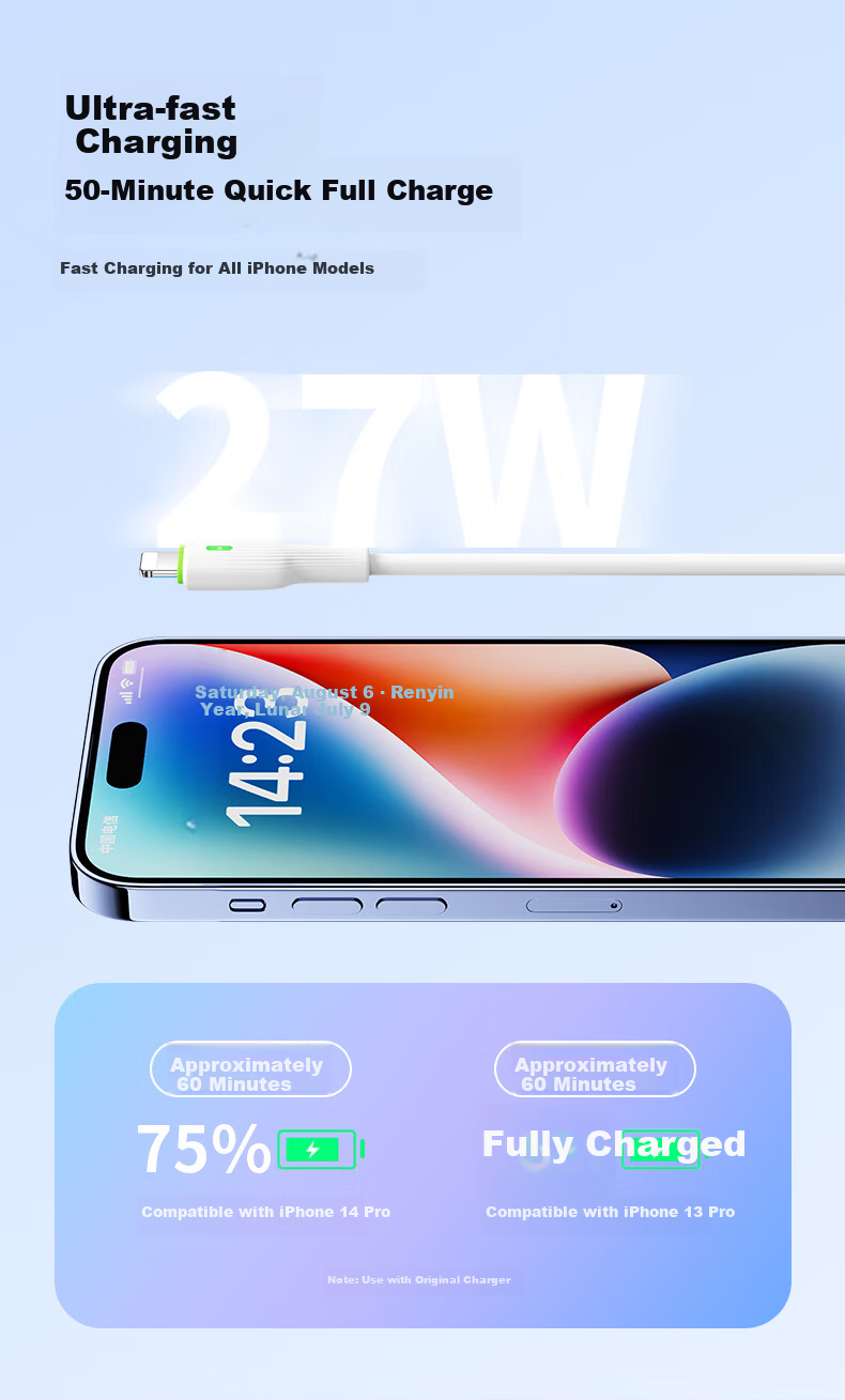 Oumake Apple Compatible PD35W Original Lightning Fast Charging Cable for iPhone 13/14/11/12 Pro Max, Genuine iPad Data Cable 3