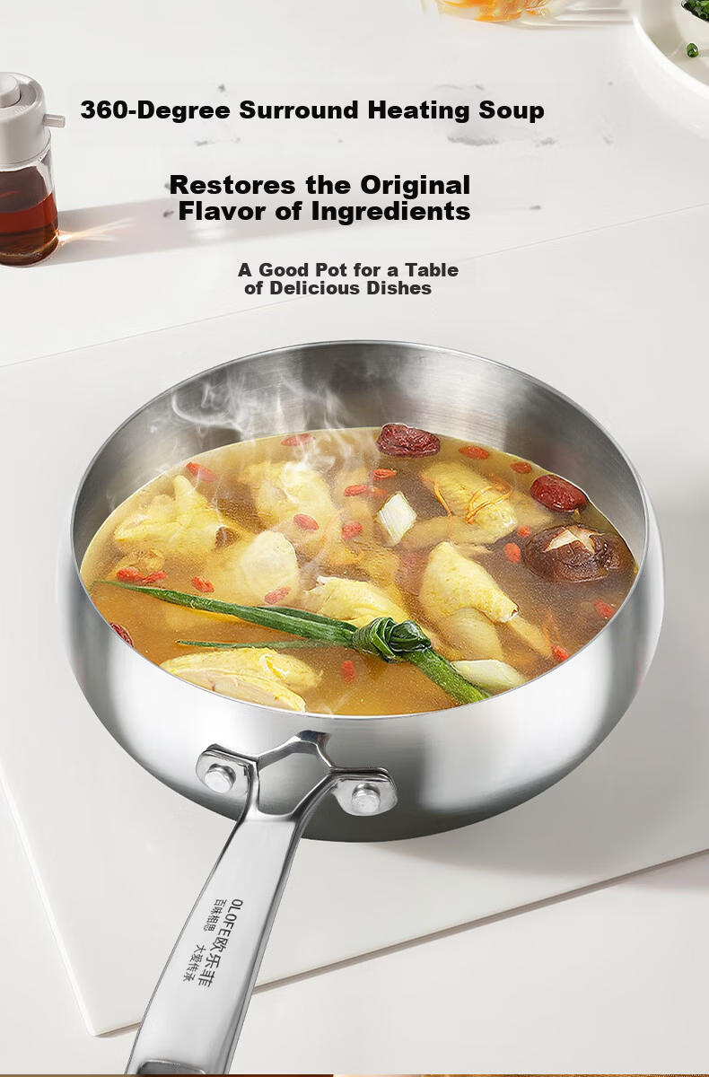 OLOFE 316L Stainless Steel Thickened Large Belly Wok Old Guandong Seventh Generation Mirror Finish No Coating Hammered Small Stir-Fry Pan 24cm 8