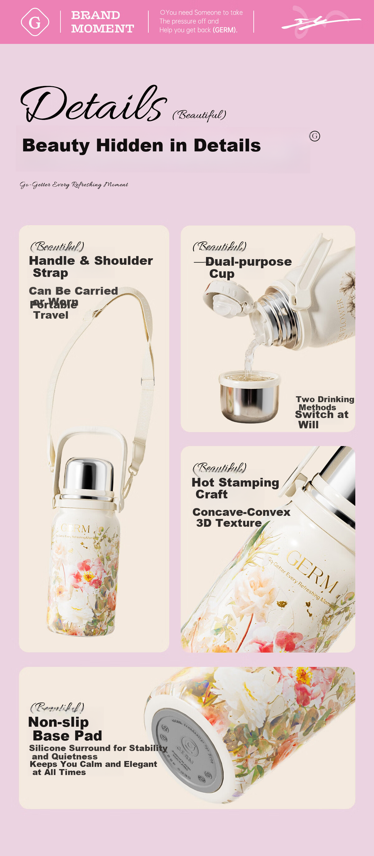 Germ Intangible Cultural Heritage Su Embroidery Insulated Water Bottle Large Capacity Sports Water Bottle Portable Women's Student Cup 800ML Magnolia 19