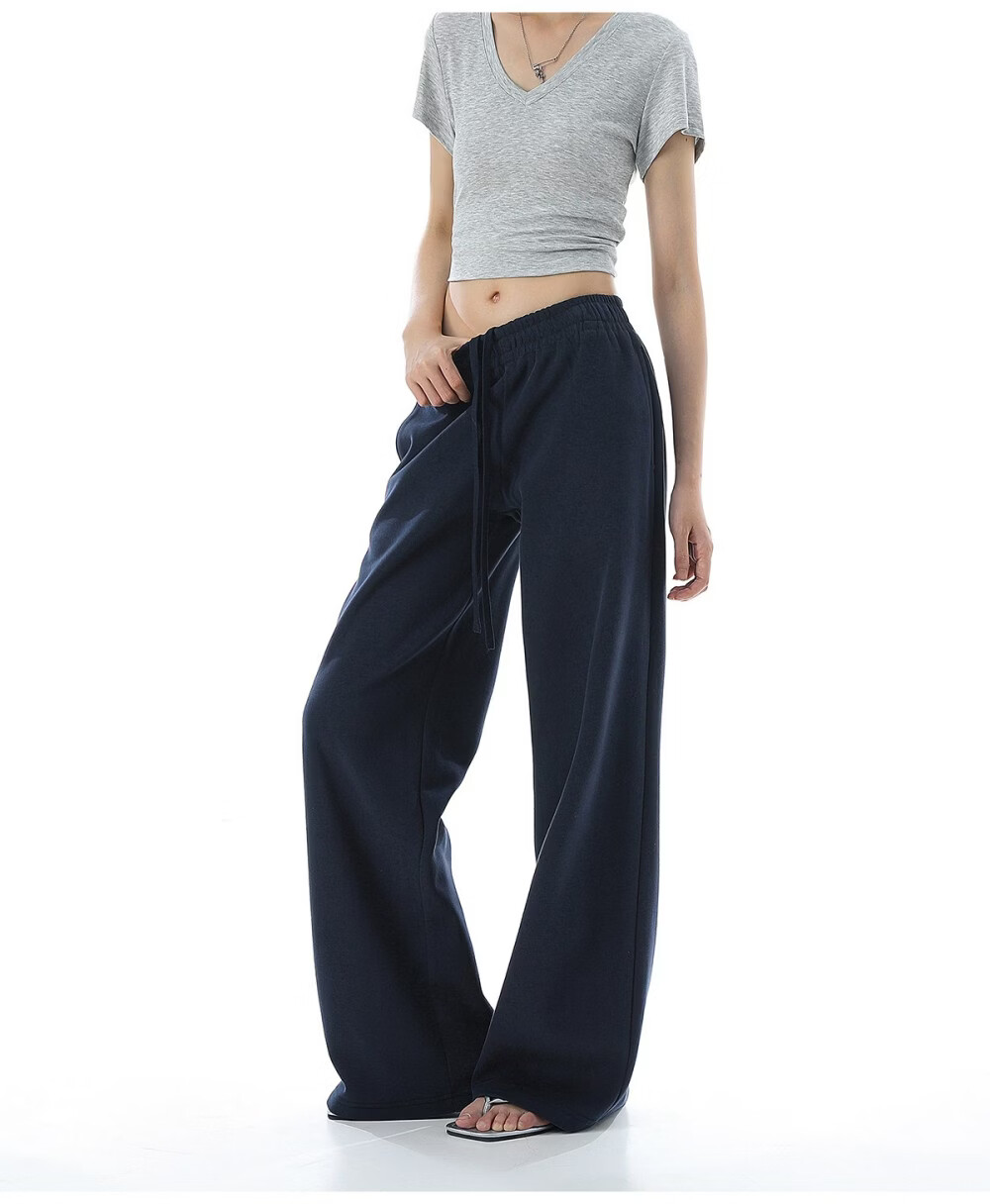 ICH MODE Solid Color Drawstring Women's Sports Pants New Loose Straight-Leg Draped Wide-Leg Casual Trousers Navy Blue S 17