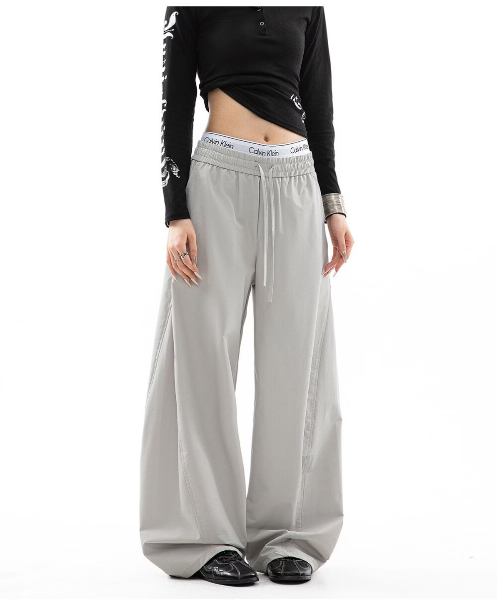 ICH MODE Women's American Style Straight White Pants Summer Loose Popular Cargo Pants Sports Pants Wide Leg Casual Pants Black S 8