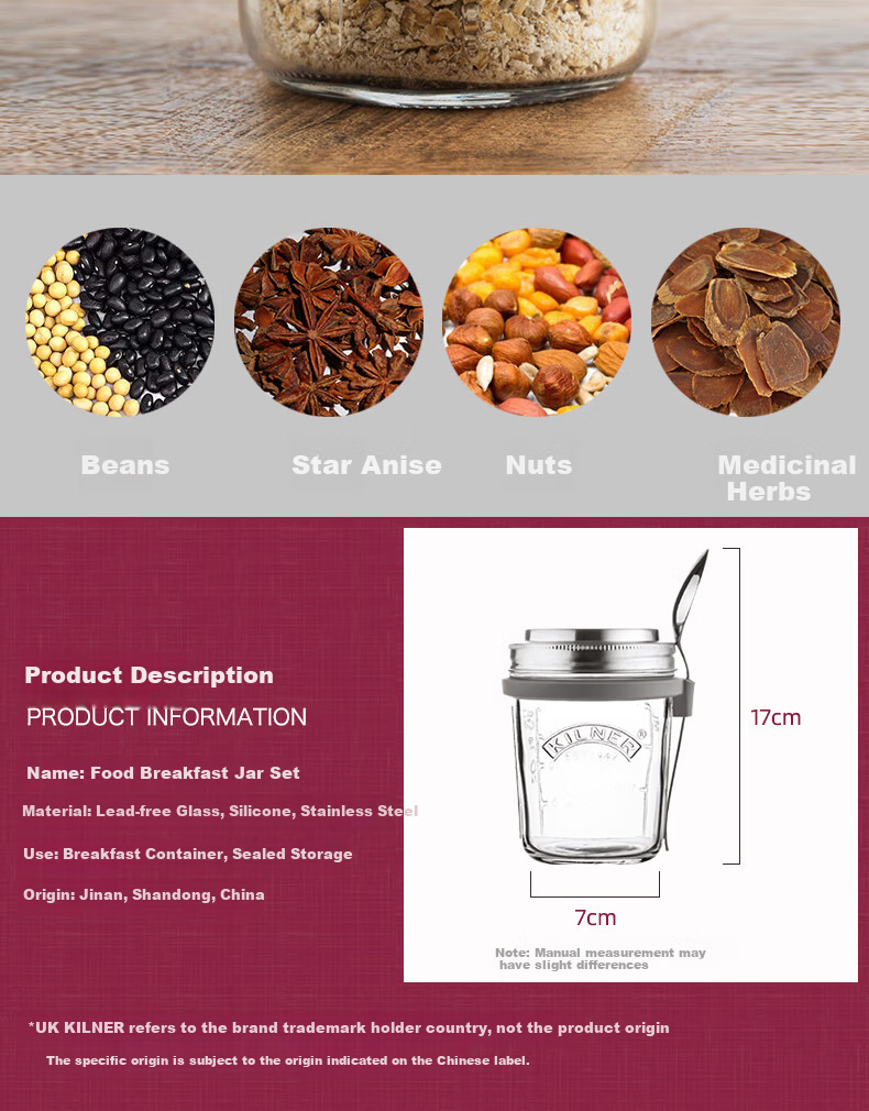 Kilner Overnight Oats Jar Glass Breakfast Cup Milk Cup Sealed Portable Food Grade with Measuring Lid and Spoon 350ml 11