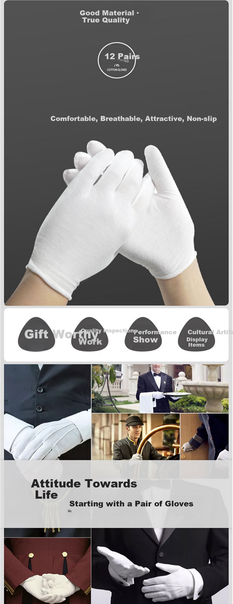 BAIGE Thickened Cotton White Ceremony Gloves Sweat-Absorbent Work Gloves Inspection Performance Gloves 120 Pairs 2