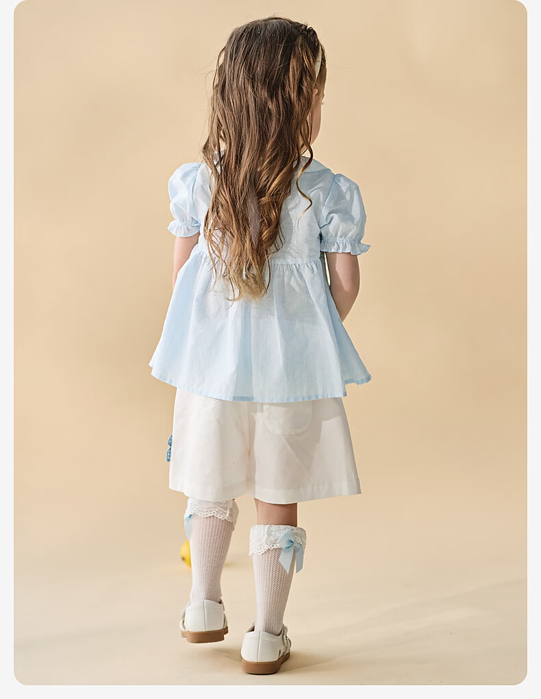 DAVE & BELLA Girls' Short Sleeve Striped Doll Collar Shirt Summer Thin Blue Blouse 11