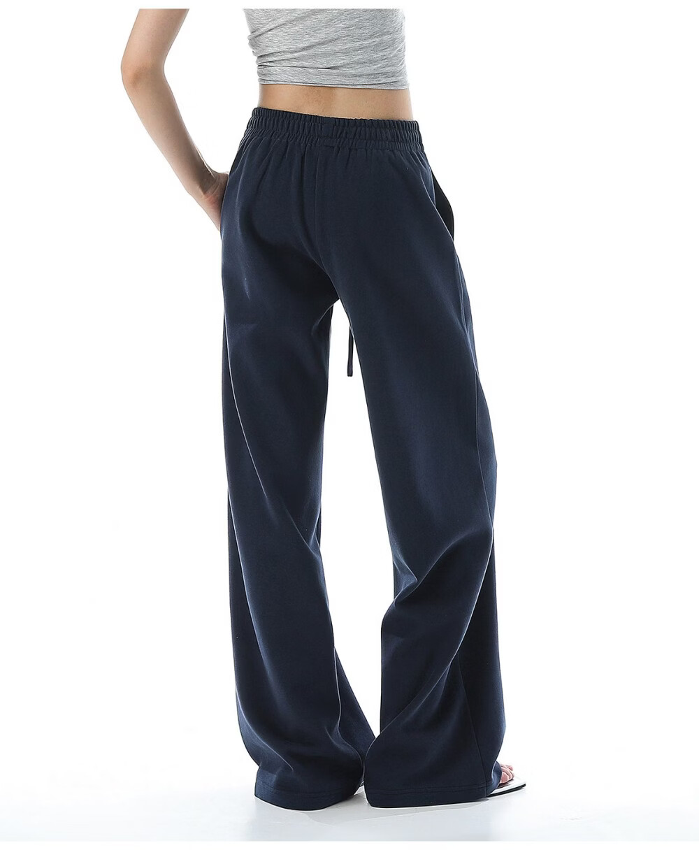 ICH MODE Solid Color Drawstring Women's Sports Pants New Loose Straight-Leg Draped Wide-Leg Casual Trousers Navy Blue S 42