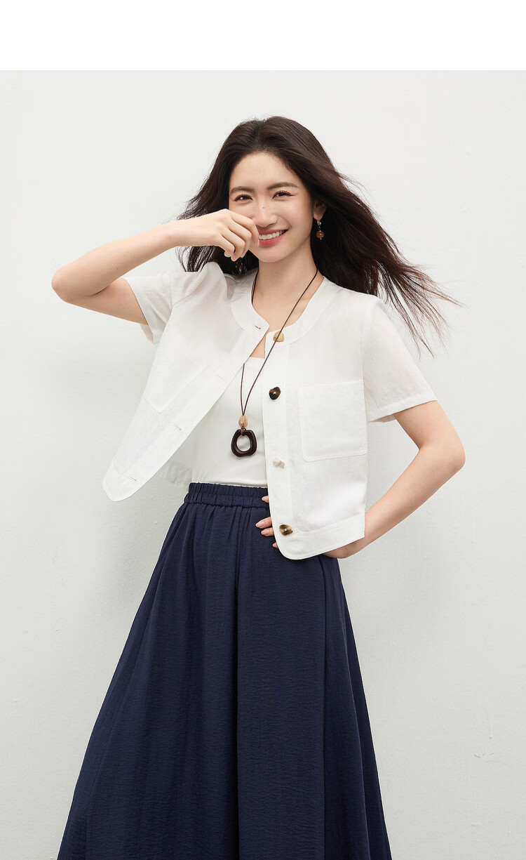 Shangdu Bila Linen Lyocell Jacket Women Spring Summer Petite Round Neck Colorblock Button Short Coat Light Luxury Elegant Cardigan 7
