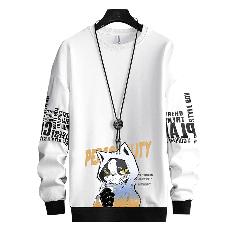 ROMON Men's Sweatshirt, Trendy Loose Long-Sleeve T-Shirt, Youth Round Neck Pullover Top, Black XL