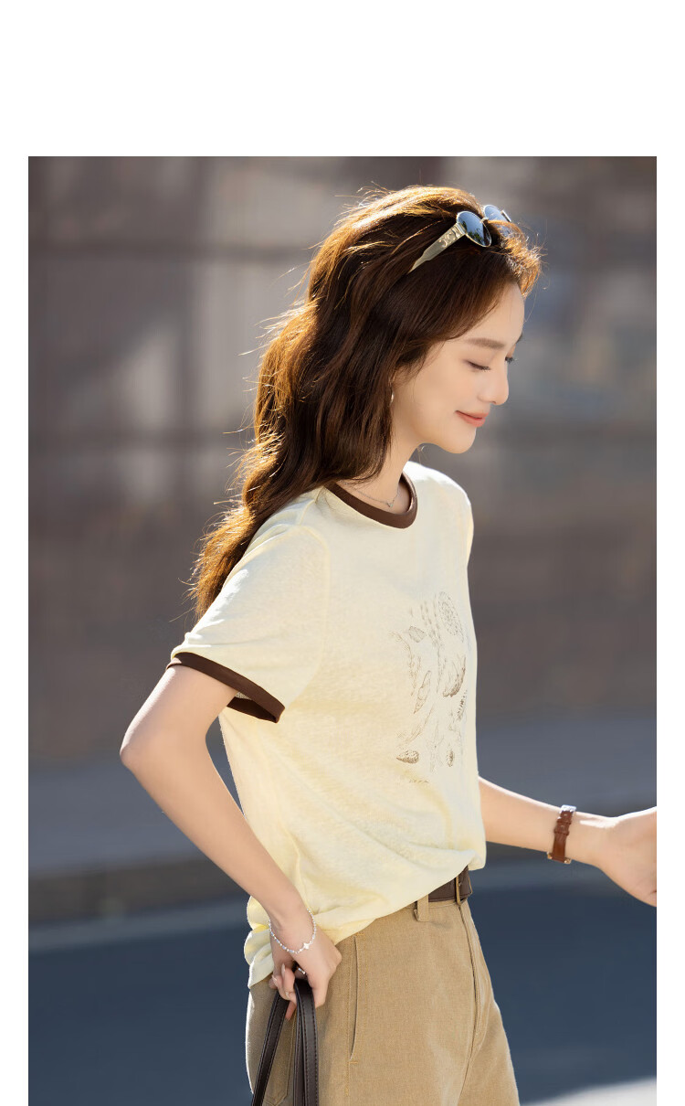 Demana [with Tencel Cotton] Summer Breathable Colorblock Crew Neck Printed Slim Fit Comfortable Casual Women's T-Shirt 10